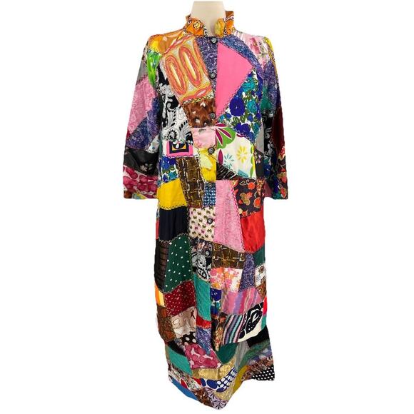 Vintage 60s 70s Crazy Quilt Coat & Skirt Set Folk Art Groovy Retro Hippie Medium - Picture 2 of 16